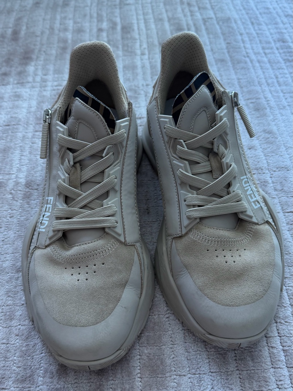Fendi Light Beige Leather & Suede Sneakers with Side Zipper